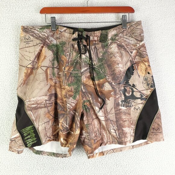 Metal Mulisha Board Shorts Mens 36 Green Brown Camo Lace Up Zip Pocket Swim - Picture 1 of 8